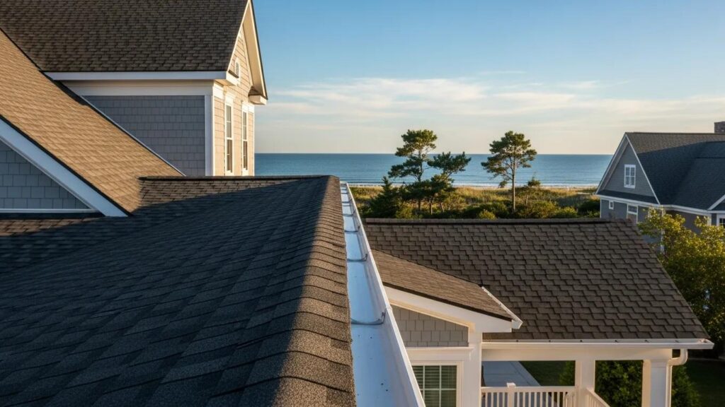 A wide shot of a clean, freshly installed gutter guard on a Delmarva home &mdash; ideally with the coast, trees, or a recognizable local roofline visible in the background. This is the first thing the reader sees.