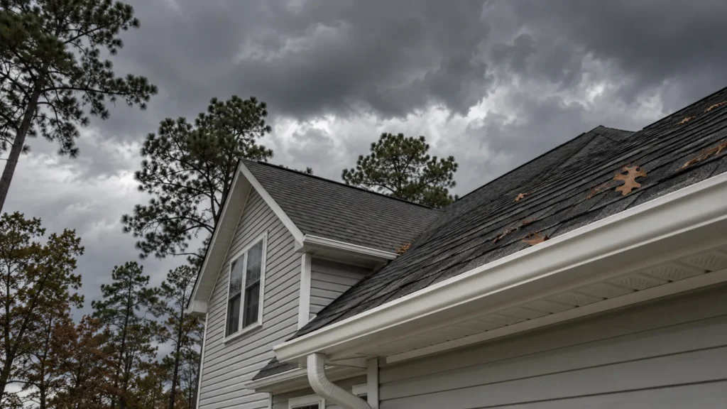Roof edge and gutter on a coastal Delaware home before a winter storm